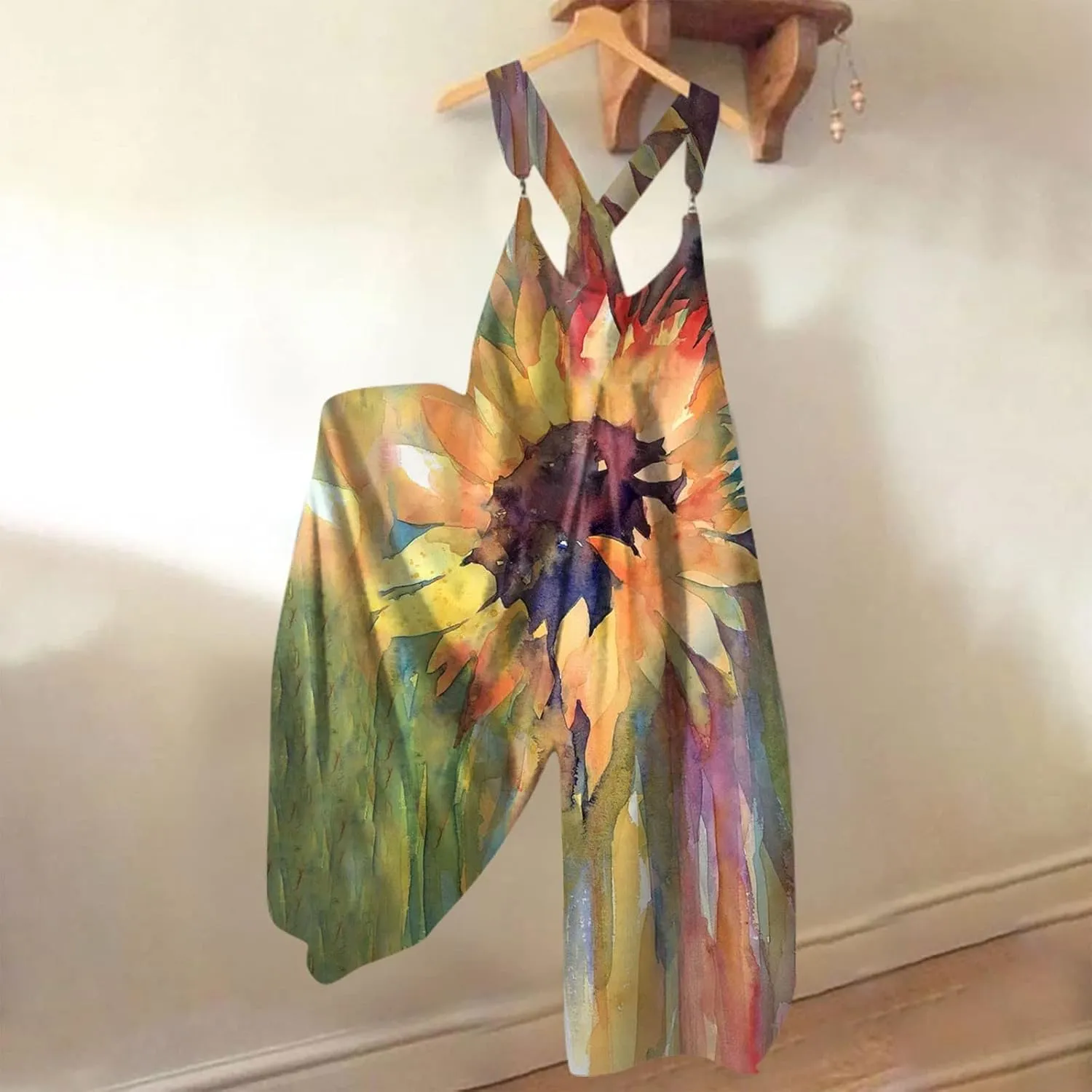 2025 Womens Summer Fashion Wide Leg Overalls,Cotton Baggy Jumpsuits Boho Floral Printed Loose Fit Rompers Harem Pants
