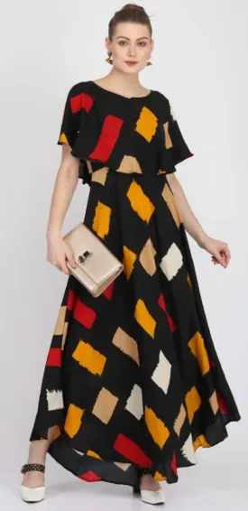 American Crepe Printed Cape Sleeve Long Maxi Dress