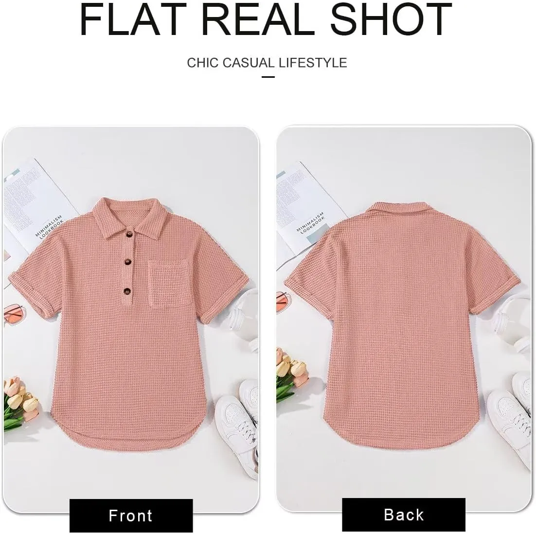 Astylish Women Waffle Knit Tops Henley Shirts Short Sleeve V Neck Solid Color Casual Tunic