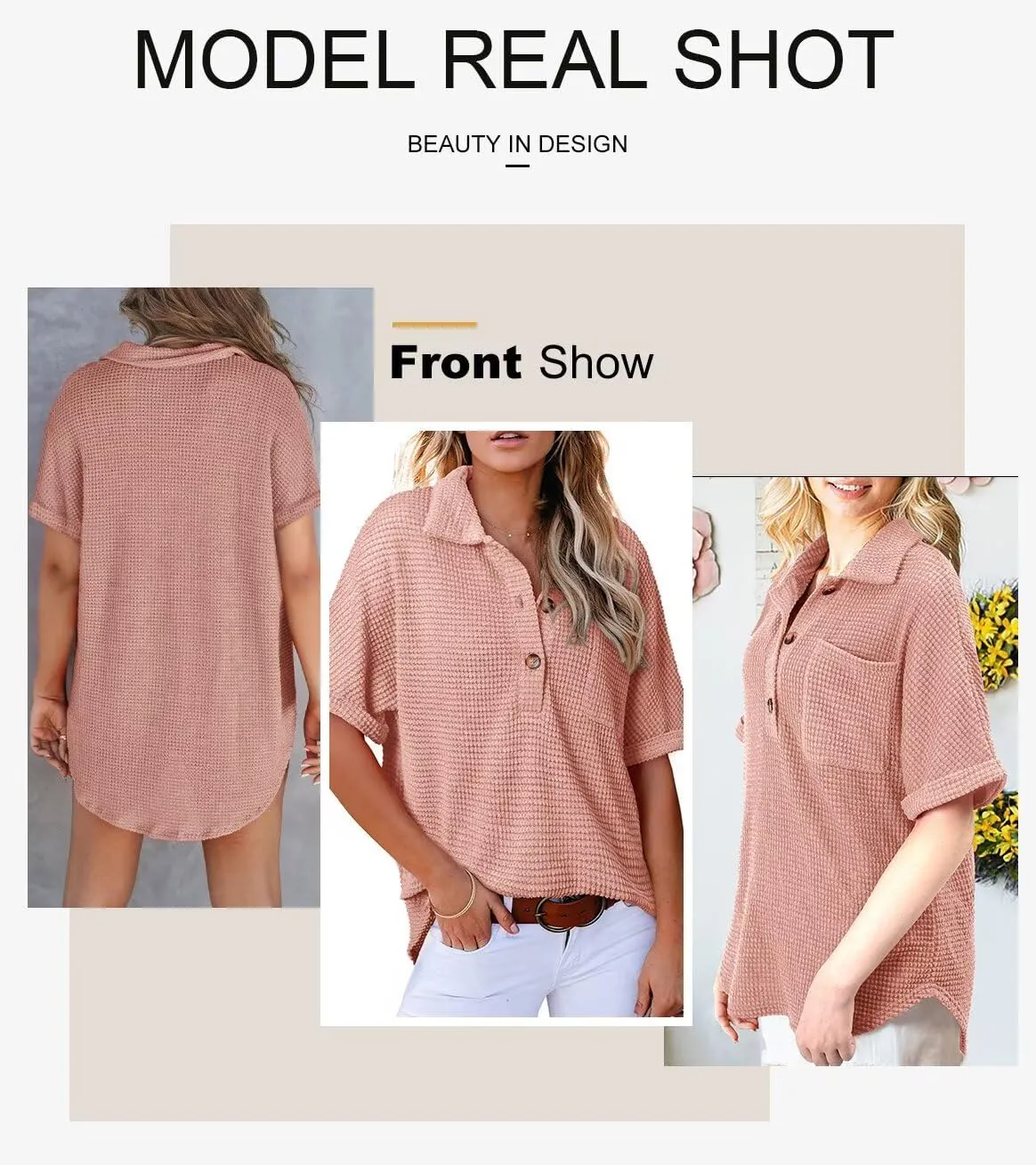Astylish Women Waffle Knit Tops Henley Shirts Short Sleeve V Neck Solid Color Casual Tunic