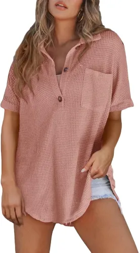 Astylish Women Waffle Knit Tops Henley Shirts Short Sleeve V Neck Solid Color Casual Tunic