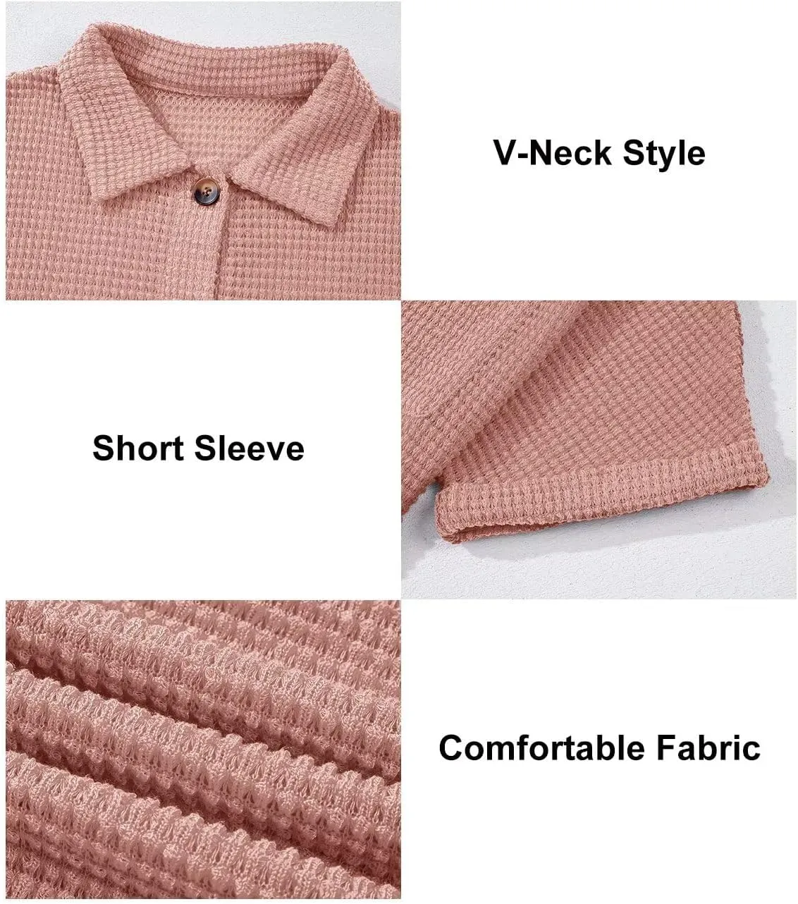 Astylish Women Waffle Knit Tops Henley Shirts Short Sleeve V Neck Solid Color Casual Tunic