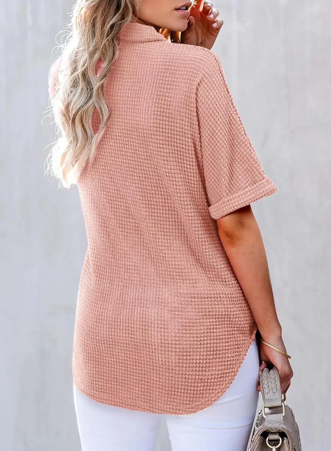 Astylish Women Waffle Knit Tops Henley Shirts Short Sleeve V Neck Solid Color Casual Tunic