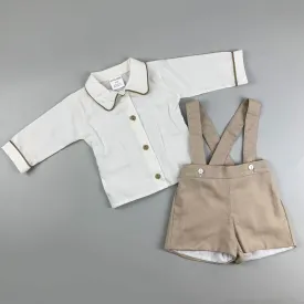 Baby Boys Long Sleeve Shirt & Shorts with Braces - Beige