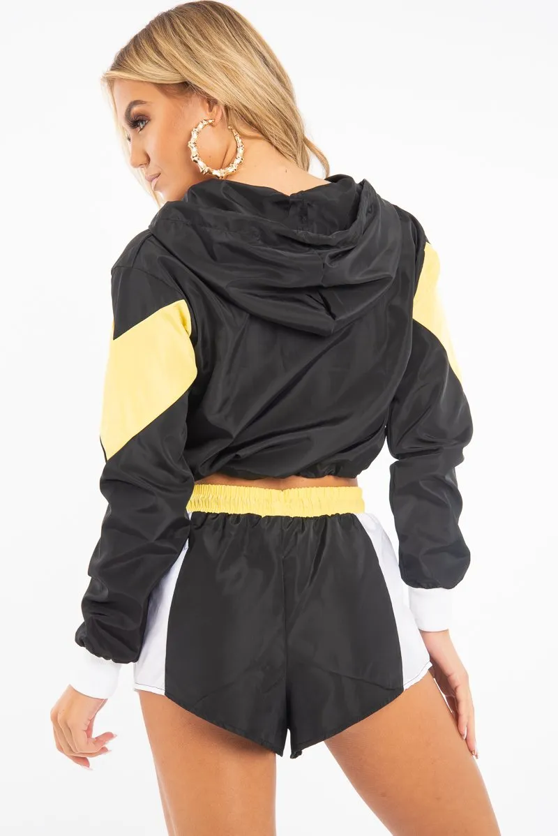 Black Yellow Colour Block Hooded Jacket Shorts Tracksuit Co-ord - Jettie