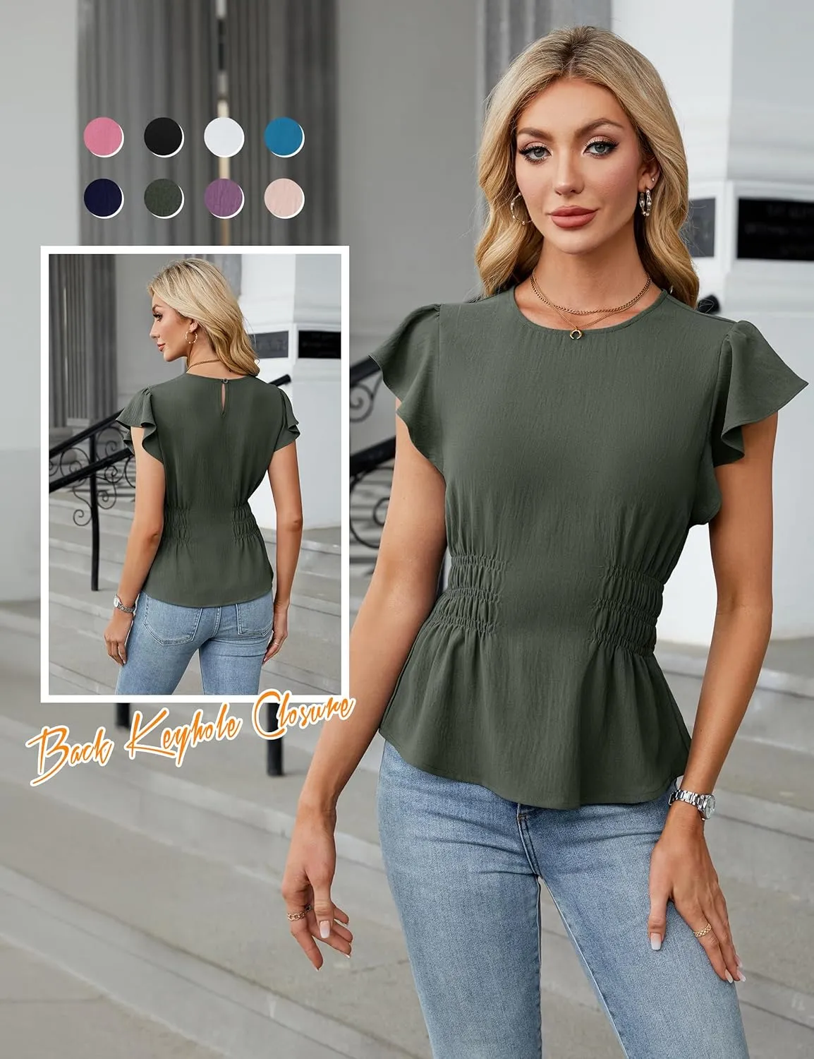 Blooming Jelly Women's Dressy Casual Blouses Business Ruffle Short Sleeve Tops Summer Crew Neck Smocked Shirts