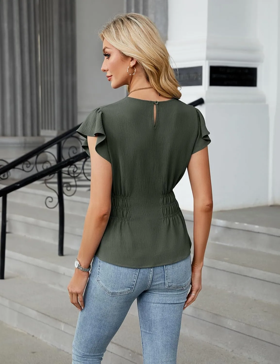 Blooming Jelly Women's Dressy Casual Blouses Business Ruffle Short Sleeve Tops Summer Crew Neck Smocked Shirts