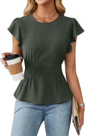 Blooming Jelly Women's Dressy Casual Blouses Business Ruffle Short Sleeve Tops Summer Crew Neck Smocked Shirts