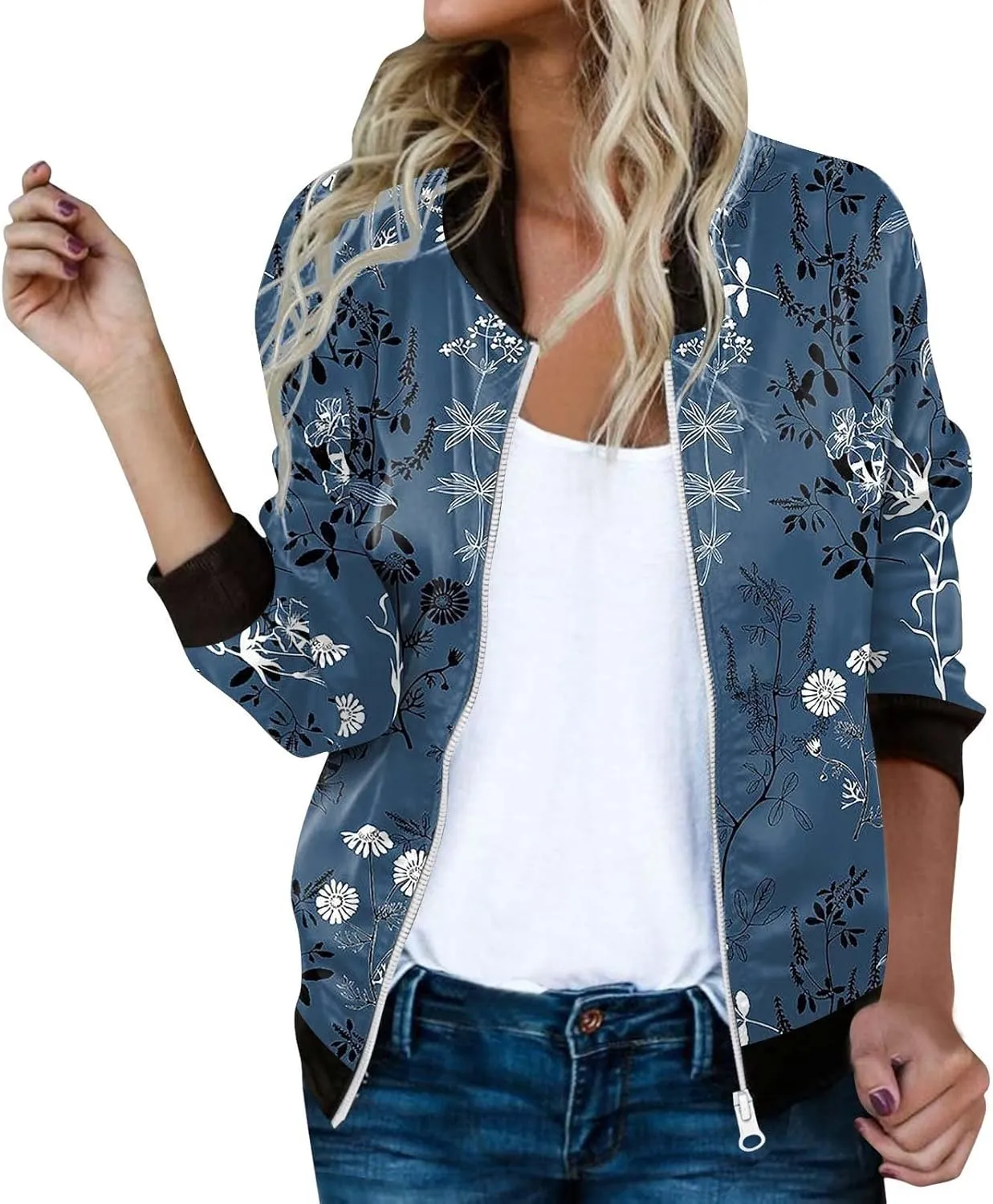 Bomber Jacket Women 2025 Floral Zip Up Zipper Sports Jackets Coats Stand Collar Causal Long Sleeve Lightweight Outerwear Tops