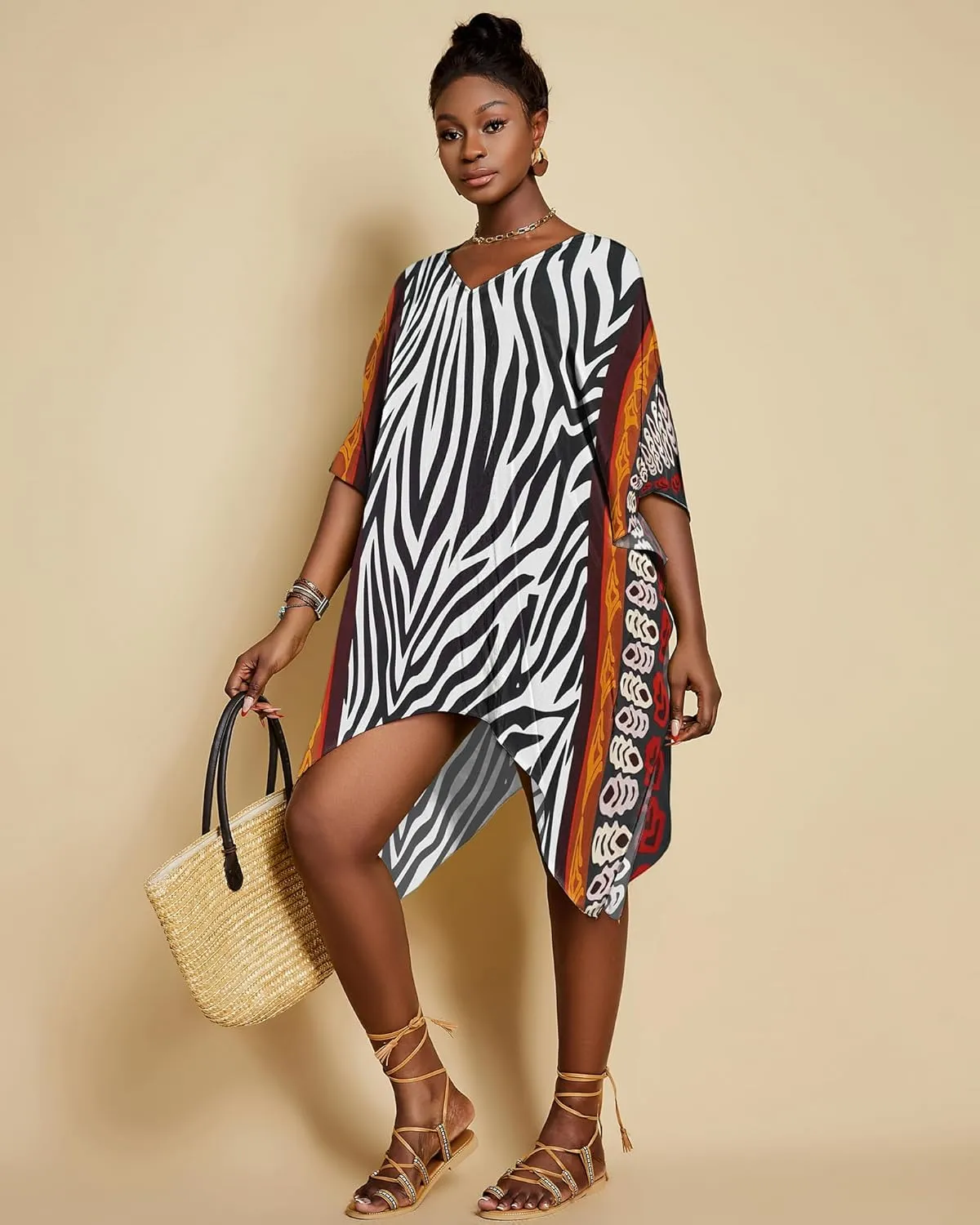 Bsubseach Short Kaftan Dresses for Women 2025 Swimsuit Cover Up Summer V Neck Caftan Beach Dress Loungewear