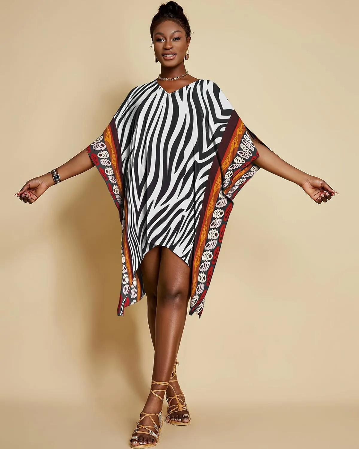 Bsubseach Short Kaftan Dresses for Women 2025 Swimsuit Cover Up Summer V Neck Caftan Beach Dress Loungewear