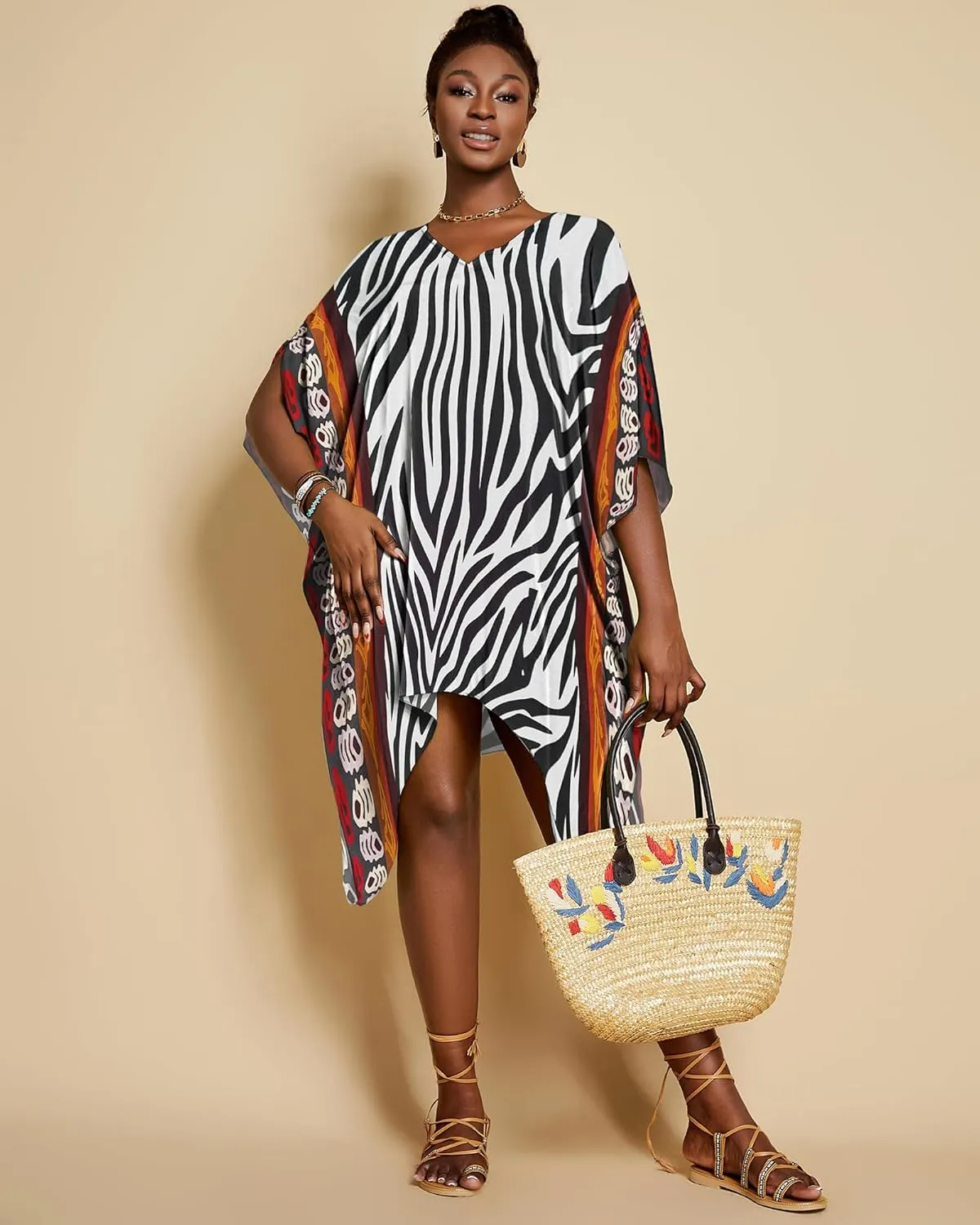 Bsubseach Short Kaftan Dresses for Women 2025 Swimsuit Cover Up Summer V Neck Caftan Beach Dress Loungewear