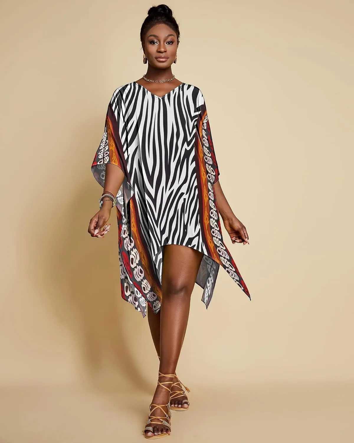 Bsubseach Short Kaftan Dresses for Women 2025 Swimsuit Cover Up Summer V Neck Caftan Beach Dress Loungewear