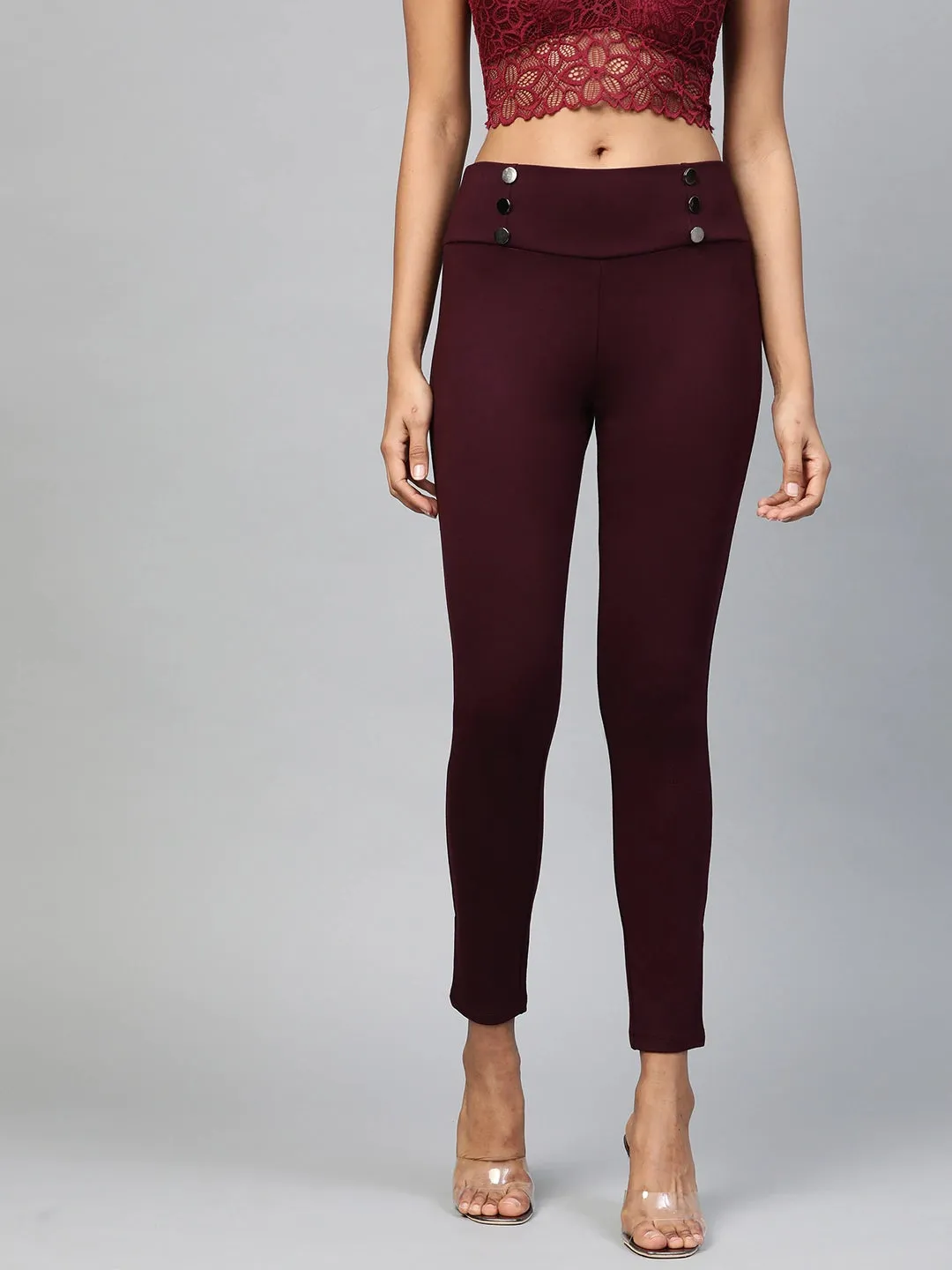 Burgundy Mock Button High Waist Jeggings
