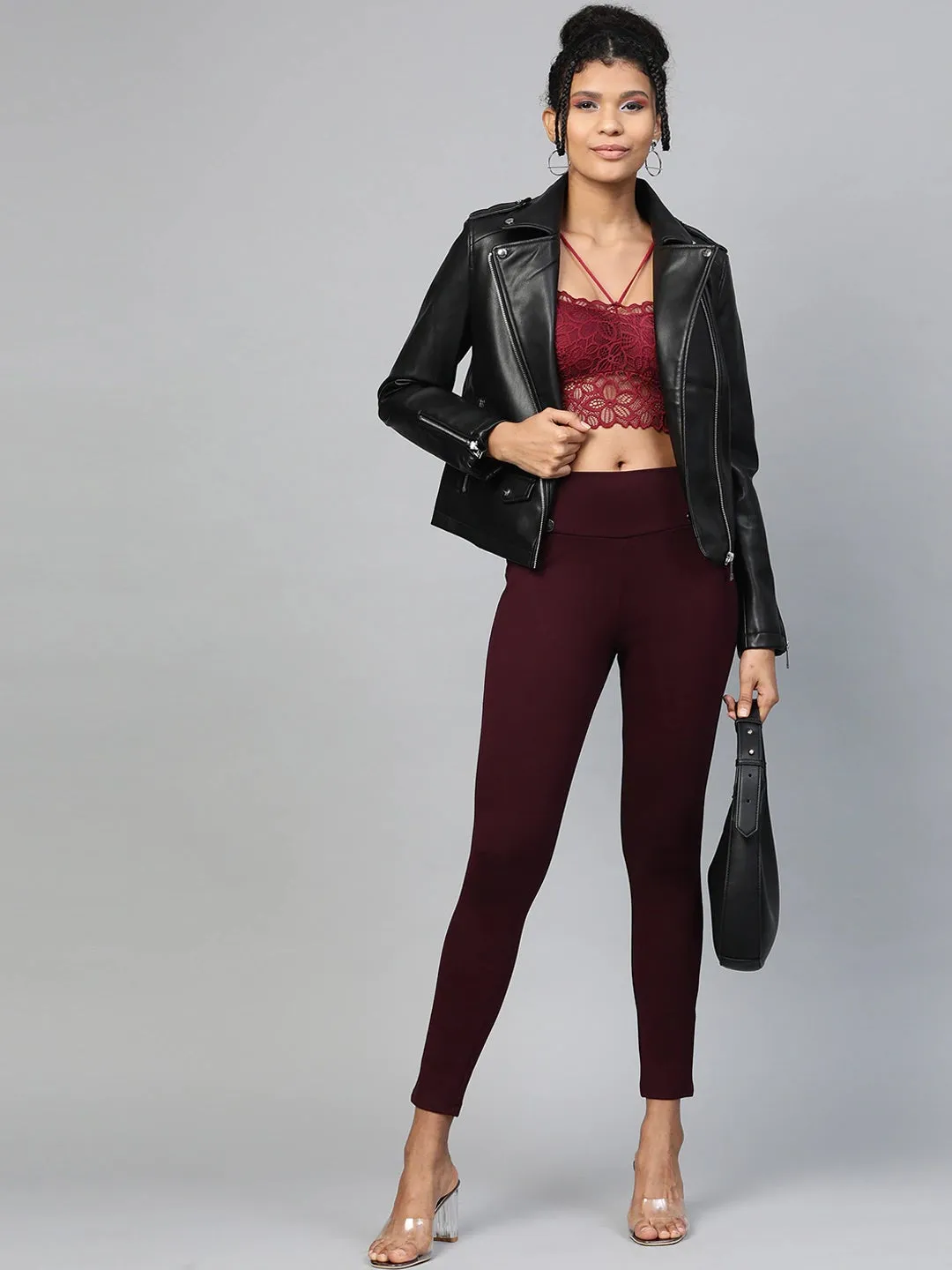 Burgundy Mock Button High Waist Jeggings