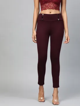 Burgundy Mock Button High Waist Jeggings