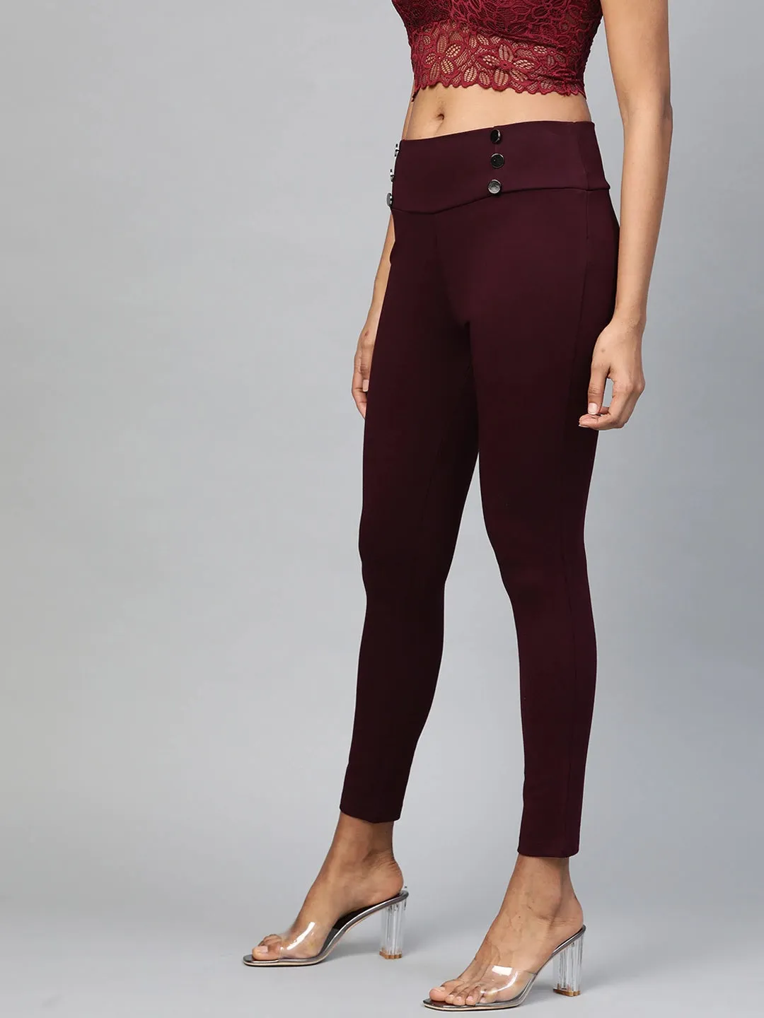 Burgundy Mock Button High Waist Jeggings
