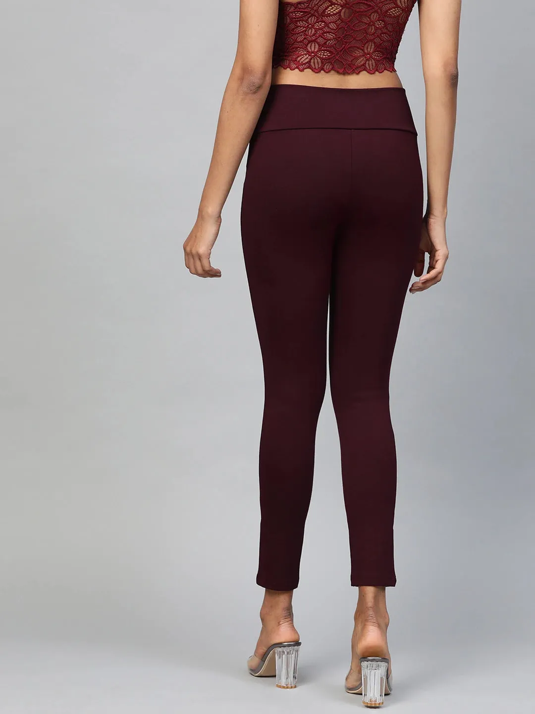 Burgundy Mock Button High Waist Jeggings