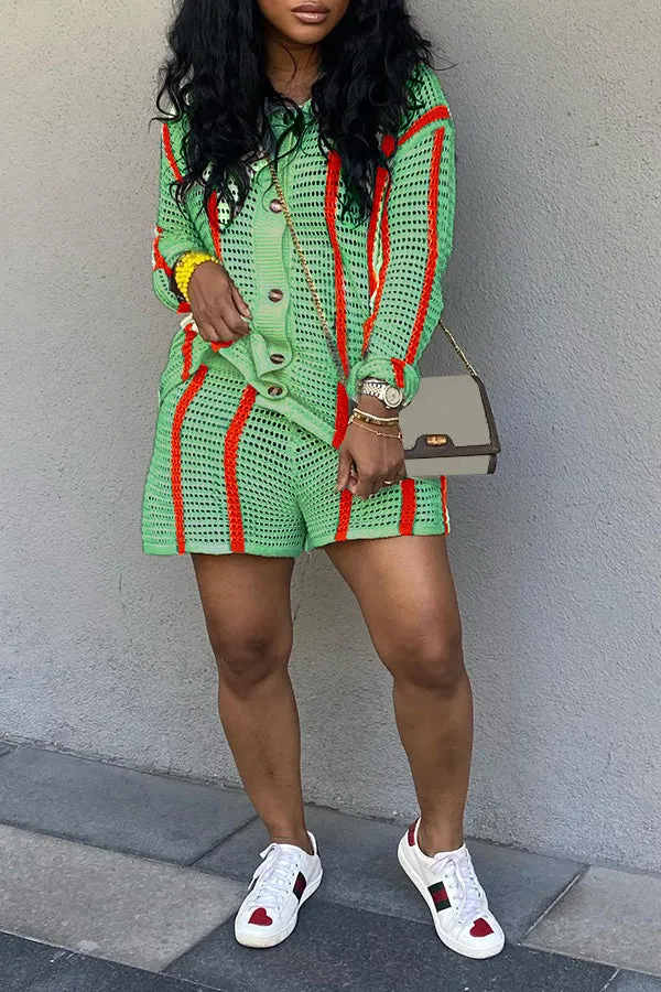Casual Stripe Crochet Shorts Set