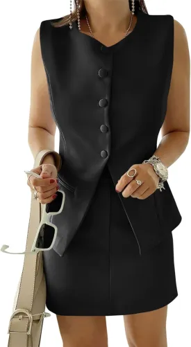 Cicy Bell Womens Summer 2 Piece Outfits Crew Neck Sleeveless Fitted Blazer Vest Matching Sets Work Mini Skirt Suit Sets