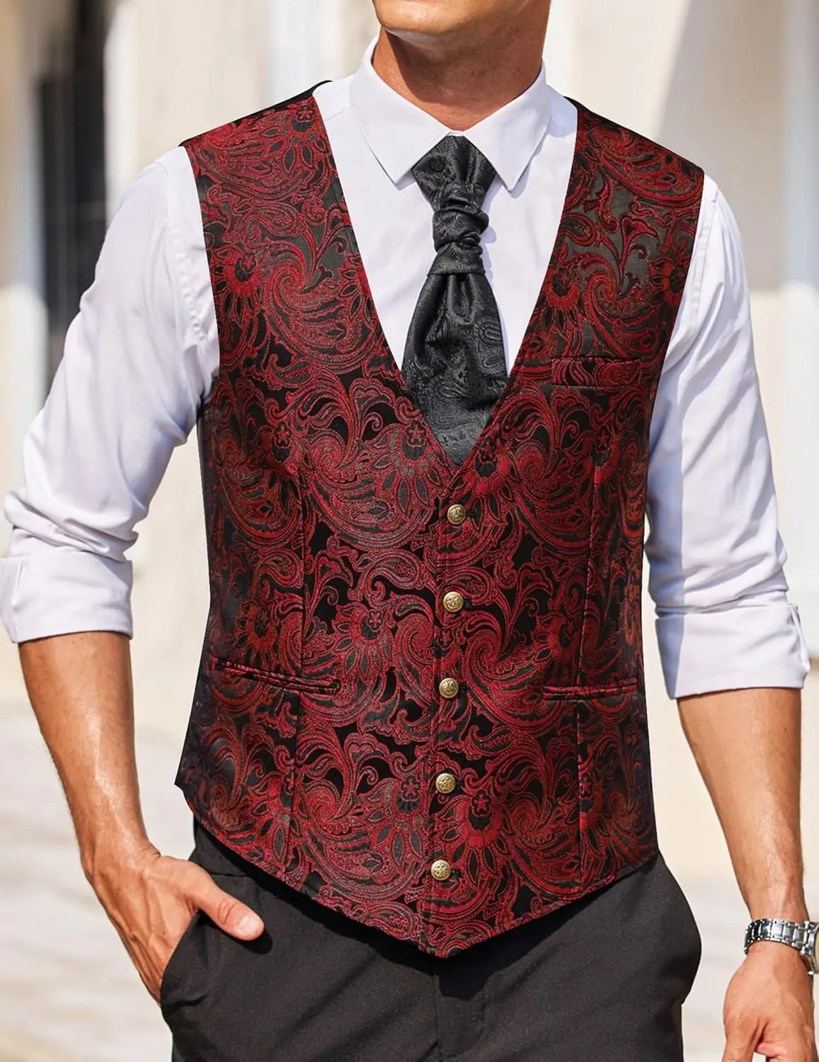 COOFANDY Men's Paisley Vests Victorian Steampunk Gothic Suit Vest Slim Fit V-Neck Tuxedo Waistcoat