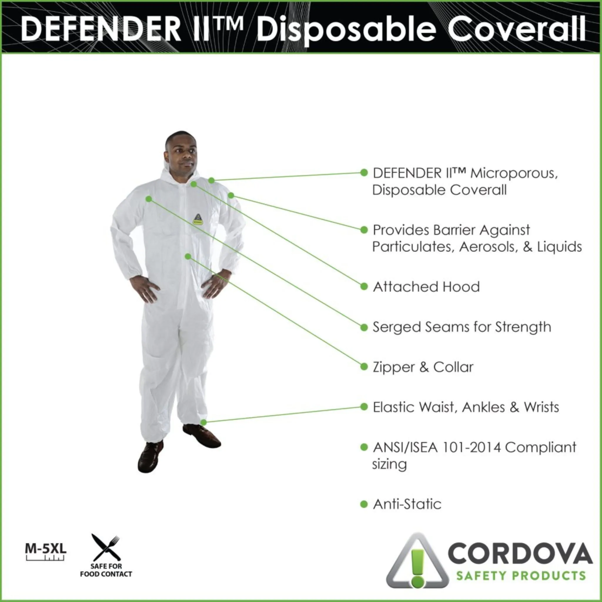 CORDOVA DEFENDER II MP300 Coverall with Hood, White, Case of 25