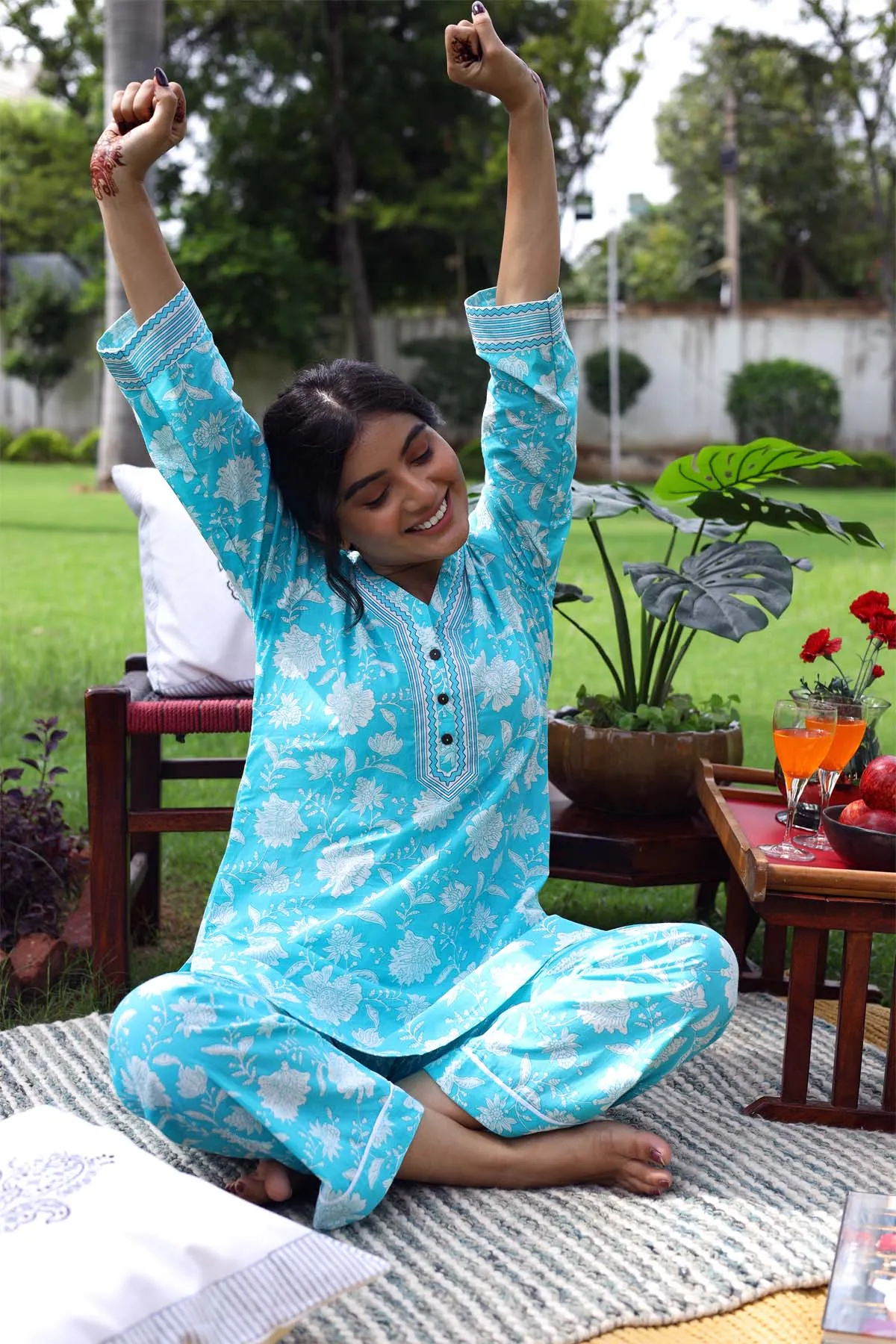 Cotton Loungewear Set In Firozi blue Color