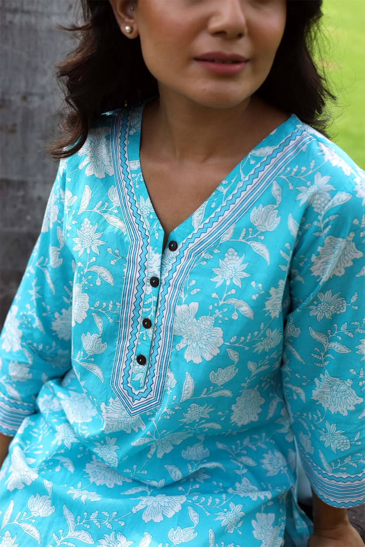 Cotton Loungewear Set In Firozi blue Color
