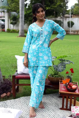 Cotton Loungewear Set In Firozi blue Color