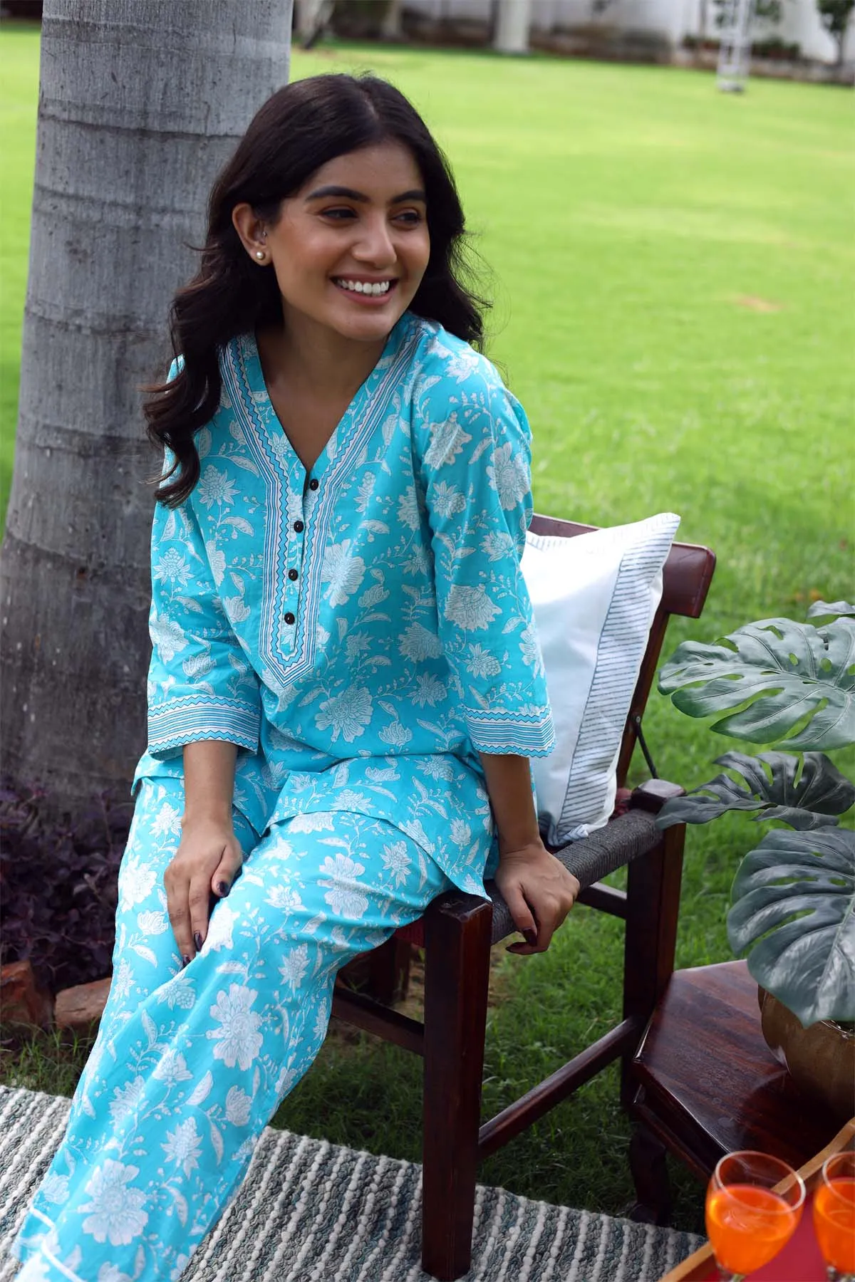 Cotton Loungewear Set In Firozi blue Color