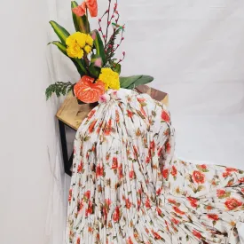 Cream Red Floral Print Pleated Satin Fabric