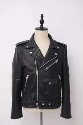 Crocodile Leather  Slim Fit Motorcycle Racer Style Leather Jacket For Men & Women