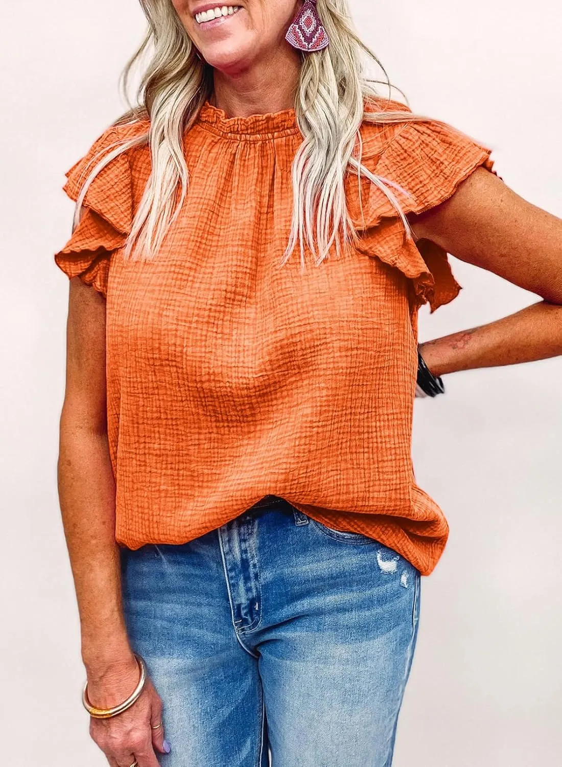 Dokotoo Casual Blouses for Women Crewneck Smocked Ruffle Short Sleeve Babydoll Womens Tops