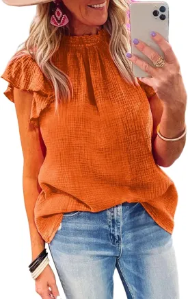 Dokotoo Casual Blouses for Women Crewneck Smocked Ruffle Short Sleeve Babydoll Womens Tops