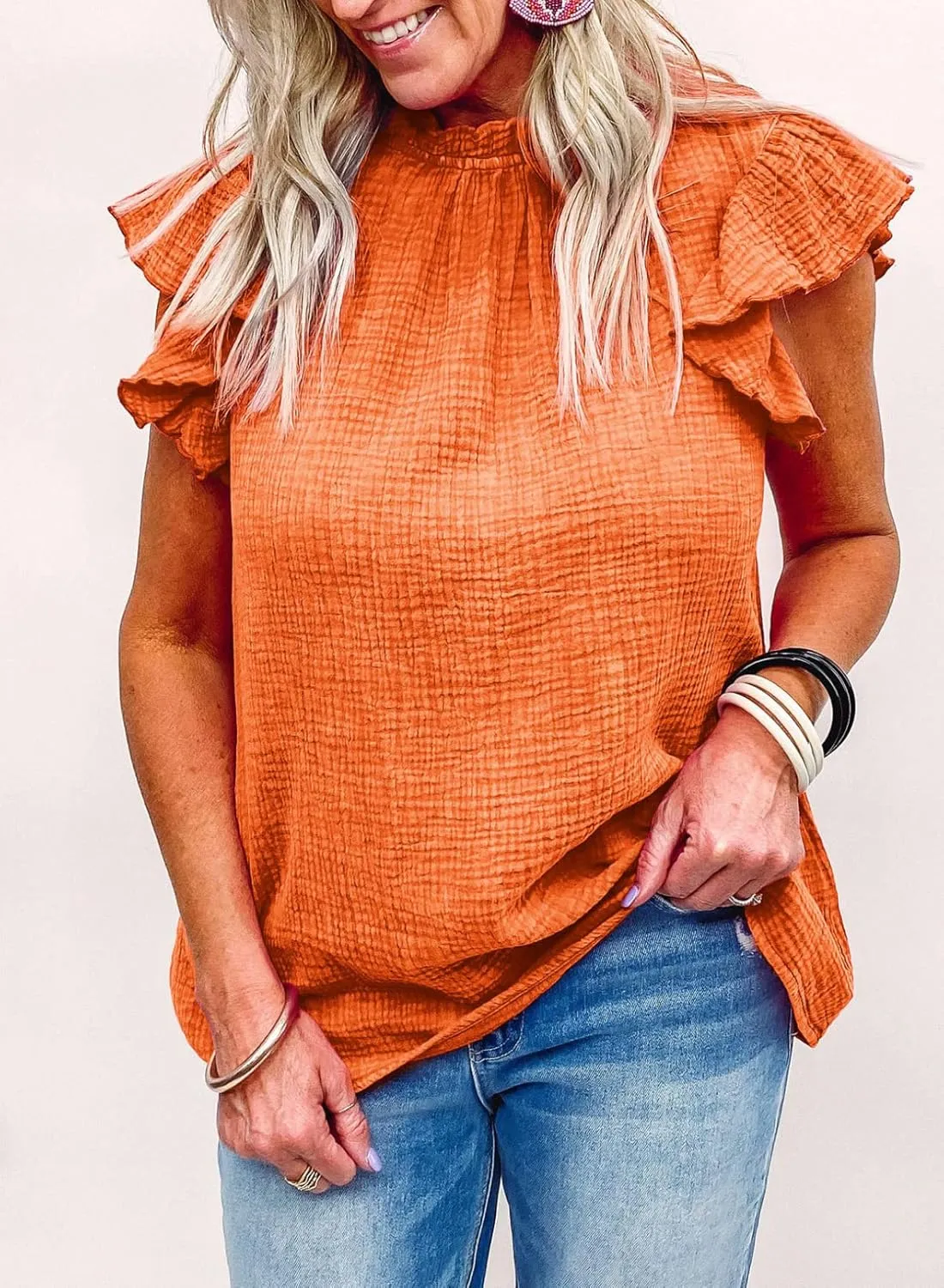 Dokotoo Casual Blouses for Women Crewneck Smocked Ruffle Short Sleeve Babydoll Womens Tops