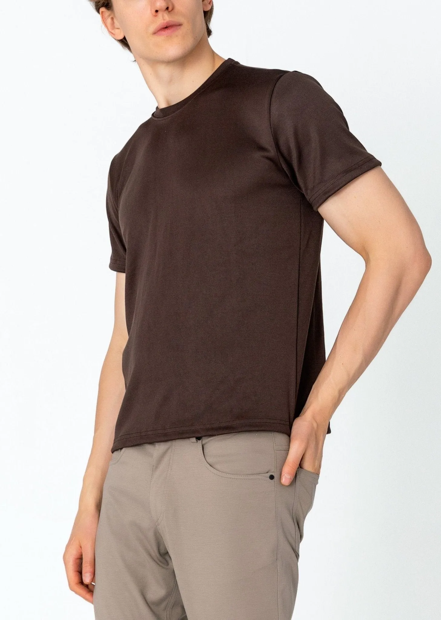 Double Knitted Luxurious Glow Crew Neck T-Shirt - Brown