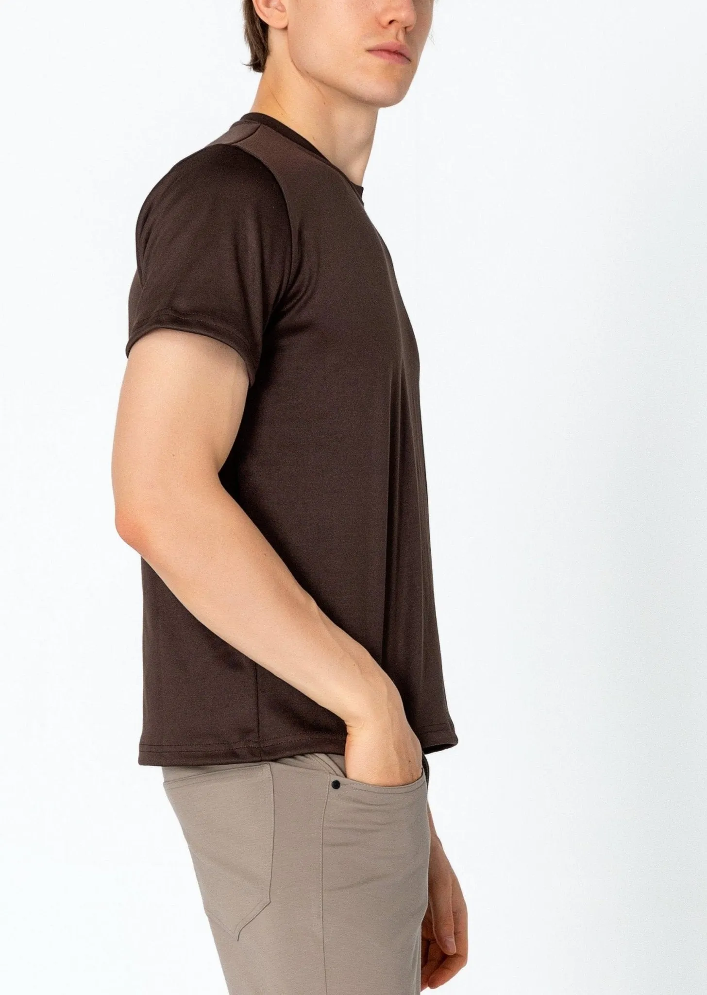 Double Knitted Luxurious Glow Crew Neck T-Shirt - Brown