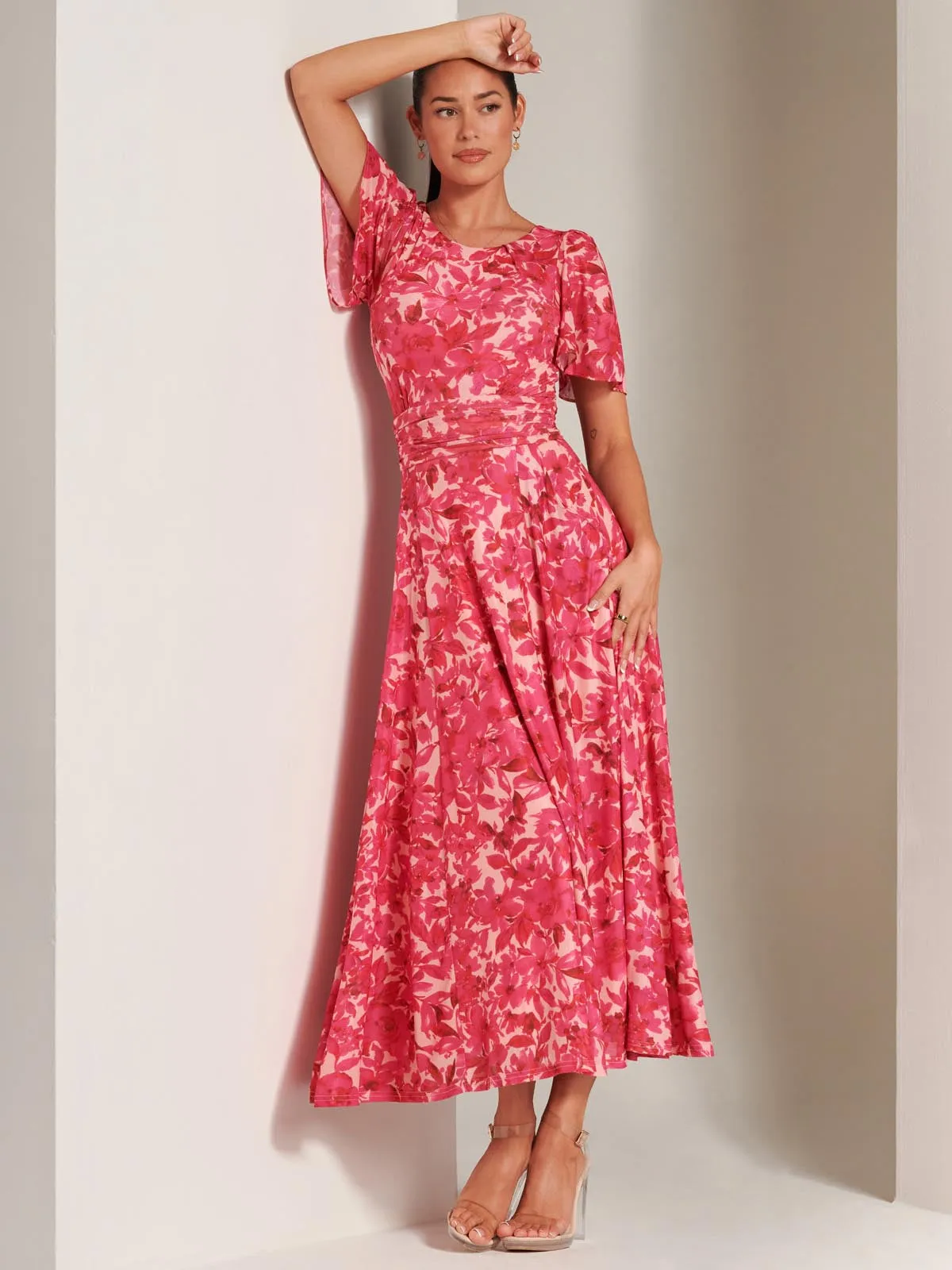 Elvira Print Mesh Maxi Dress, Pink Multi