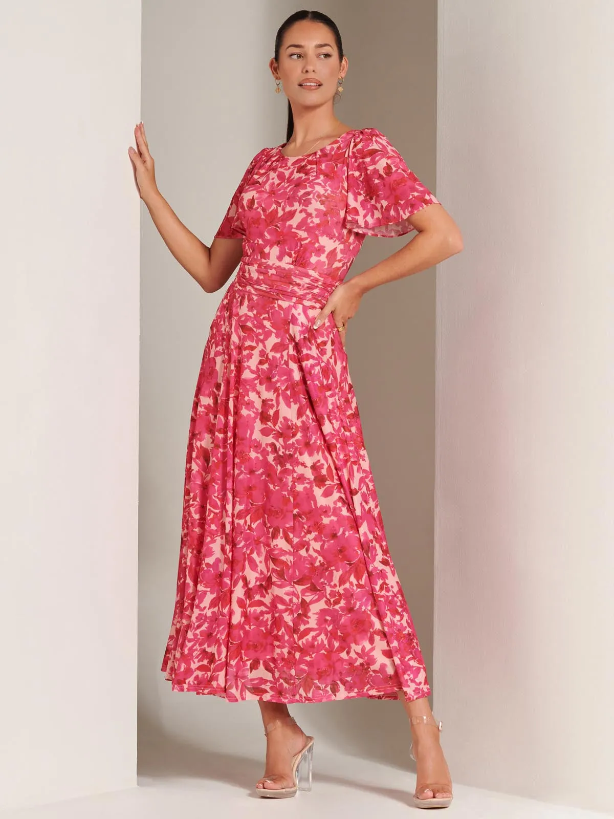 Elvira Print Mesh Maxi Dress, Pink Multi