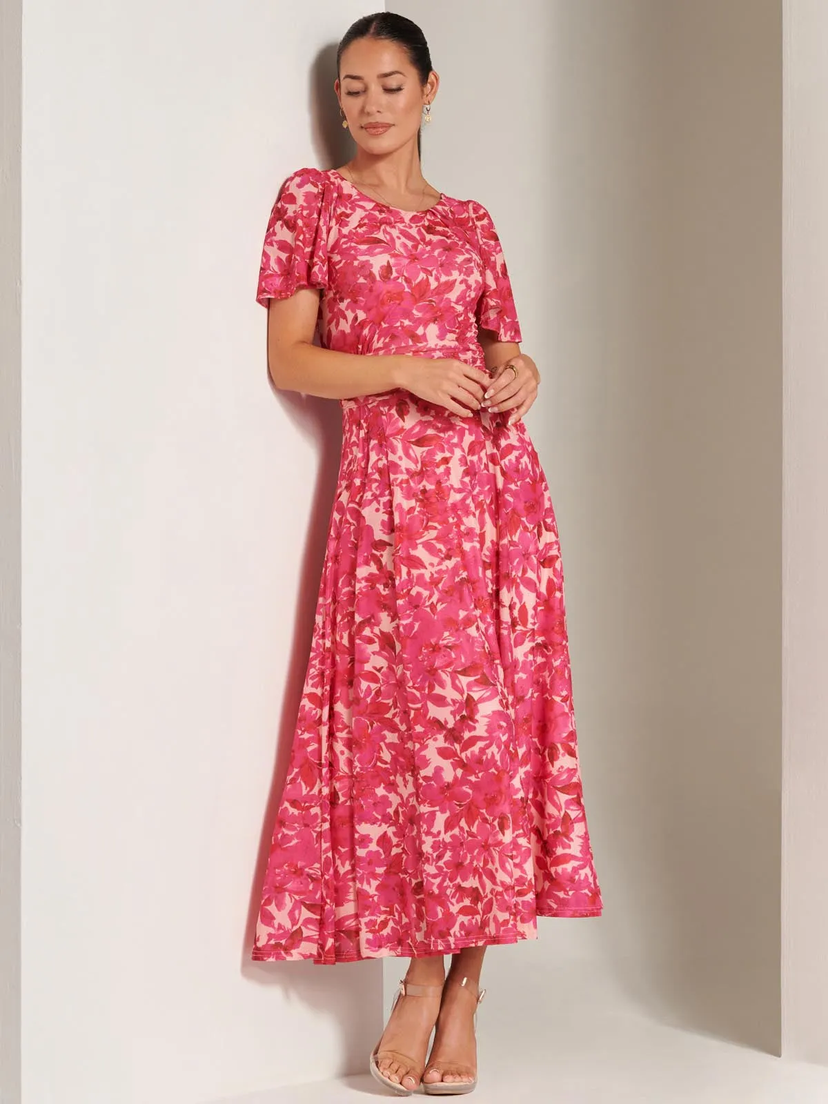 Elvira Print Mesh Maxi Dress, Pink Multi