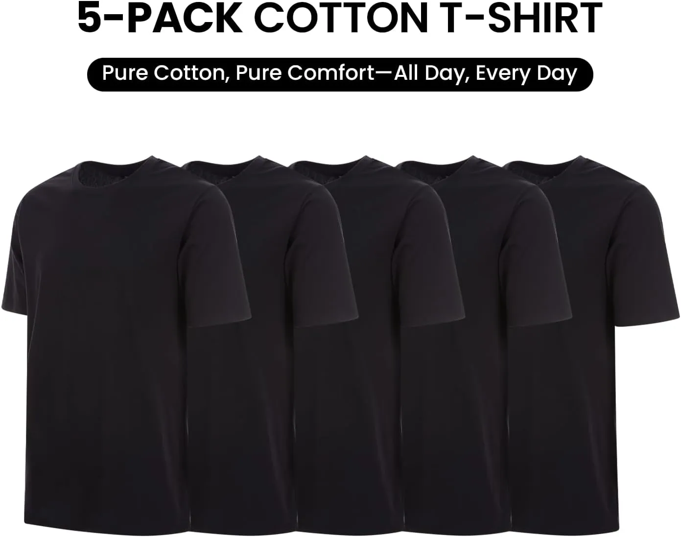 Essential Elements 5 Pack: Men's Crew Neck 100% Pure Cotton Breathable Short Sleeve T-Shirt