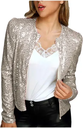 Fashion Sequin Jacket Women's Casual Party Elegant Sparkle Long Sleeve Jackets Glitter Front Zip Blazer Bomber Jacket
