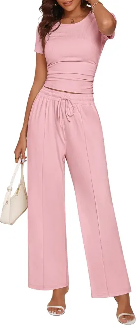 Ficerd Women's 2 Piece Lounge Sets, Short Sleeve Crewneck Top and Elastic Waist Drawstring Wide Leg Pants Ribbed Outfits