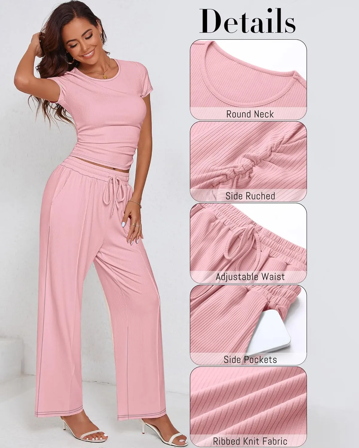 Ficerd Women's 2 Piece Lounge Sets, Short Sleeve Crewneck Top and Elastic Waist Drawstring Wide Leg Pants Ribbed Outfits