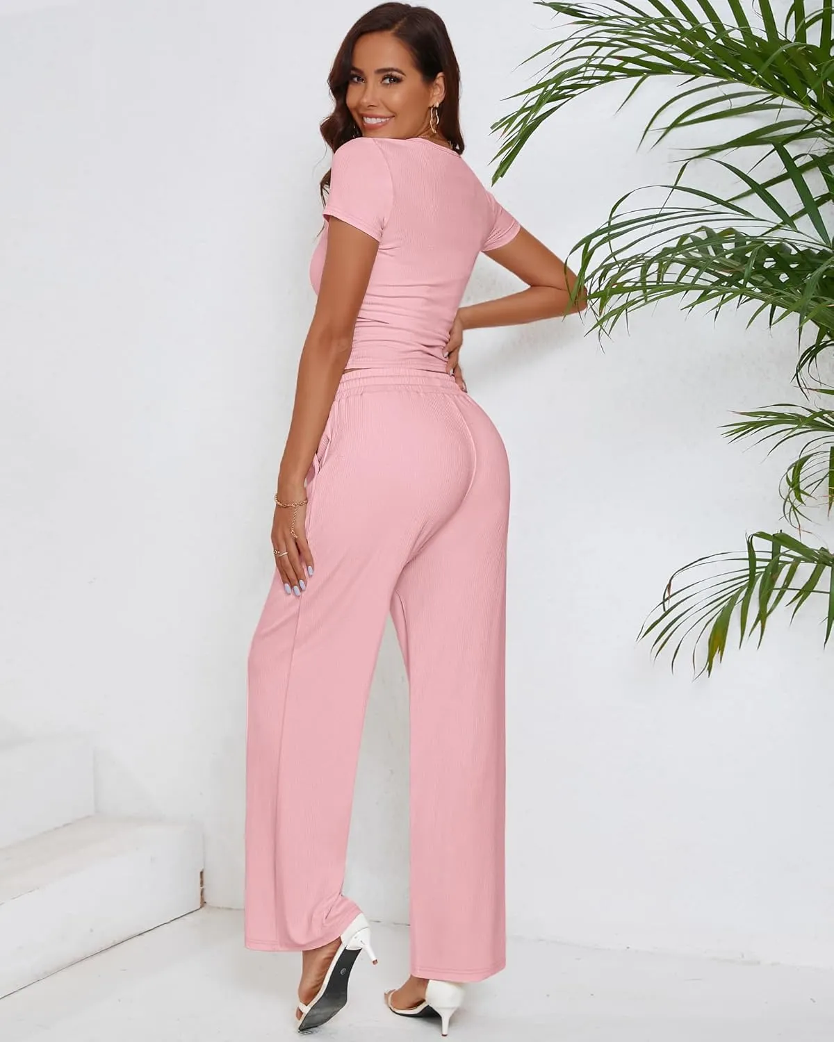 Ficerd Women's 2 Piece Lounge Sets, Short Sleeve Crewneck Top and Elastic Waist Drawstring Wide Leg Pants Ribbed Outfits