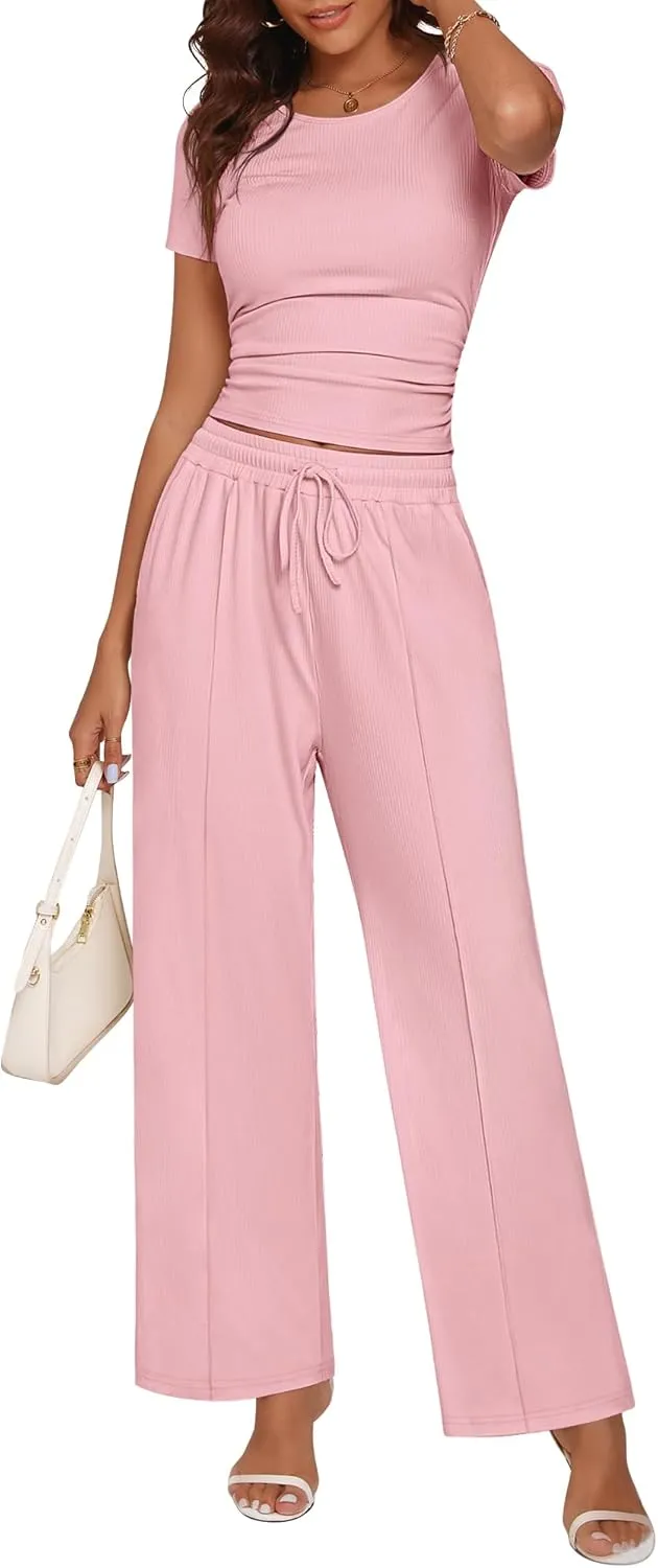 Ficerd Women's 2 Piece Lounge Sets, Short Sleeve Crewneck Top and Elastic Waist Drawstring Wide Leg Pants Ribbed Outfits