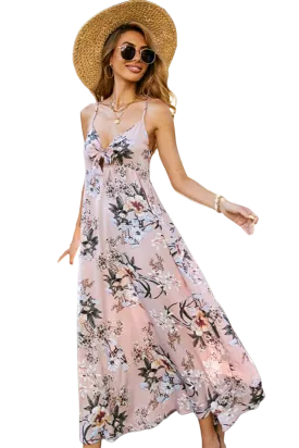 Floral Bow Detail Cutout Spaghetti Strap Dress