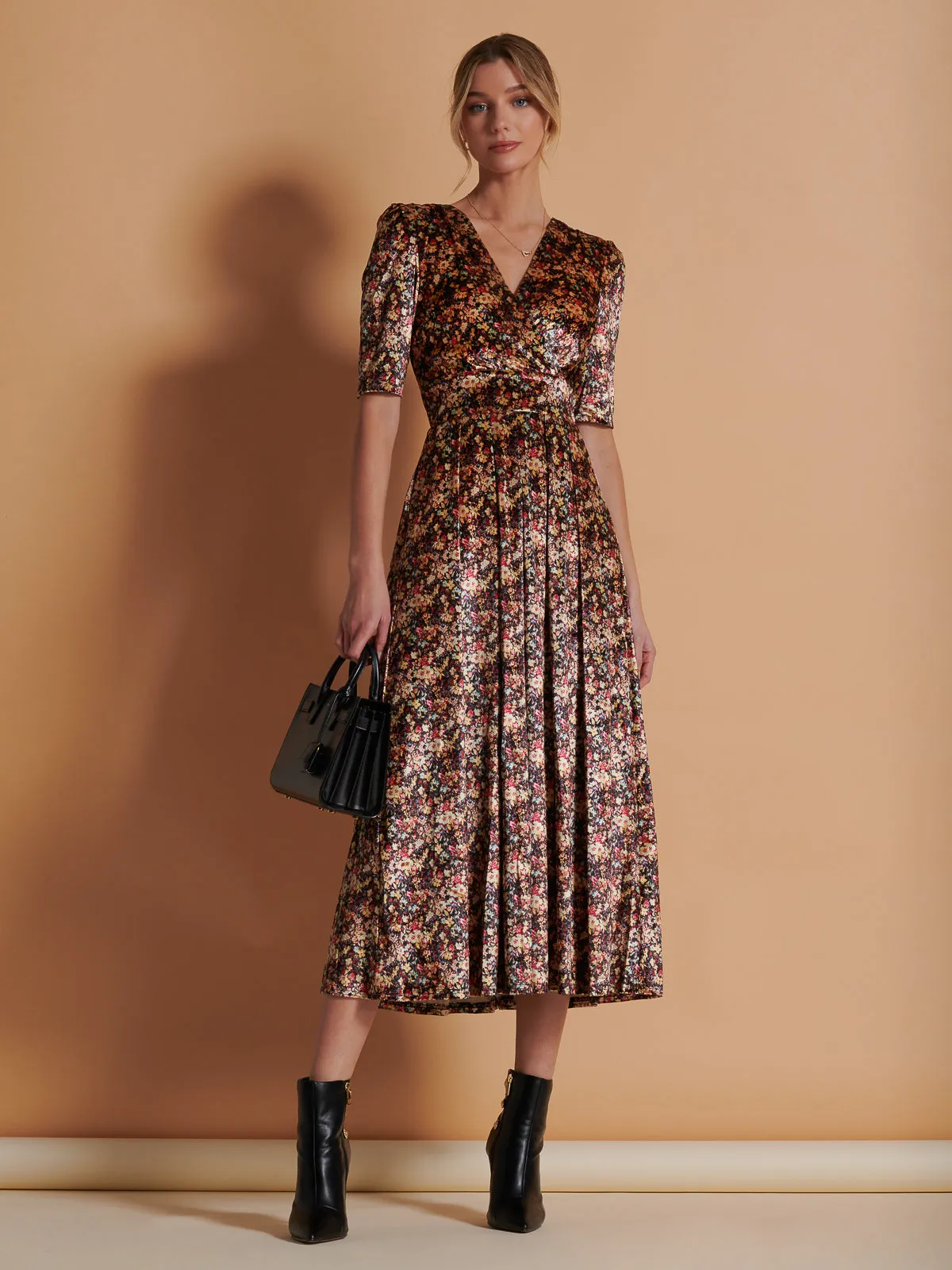 Floral Print Velvet Maxi Dress, Floral Abstract