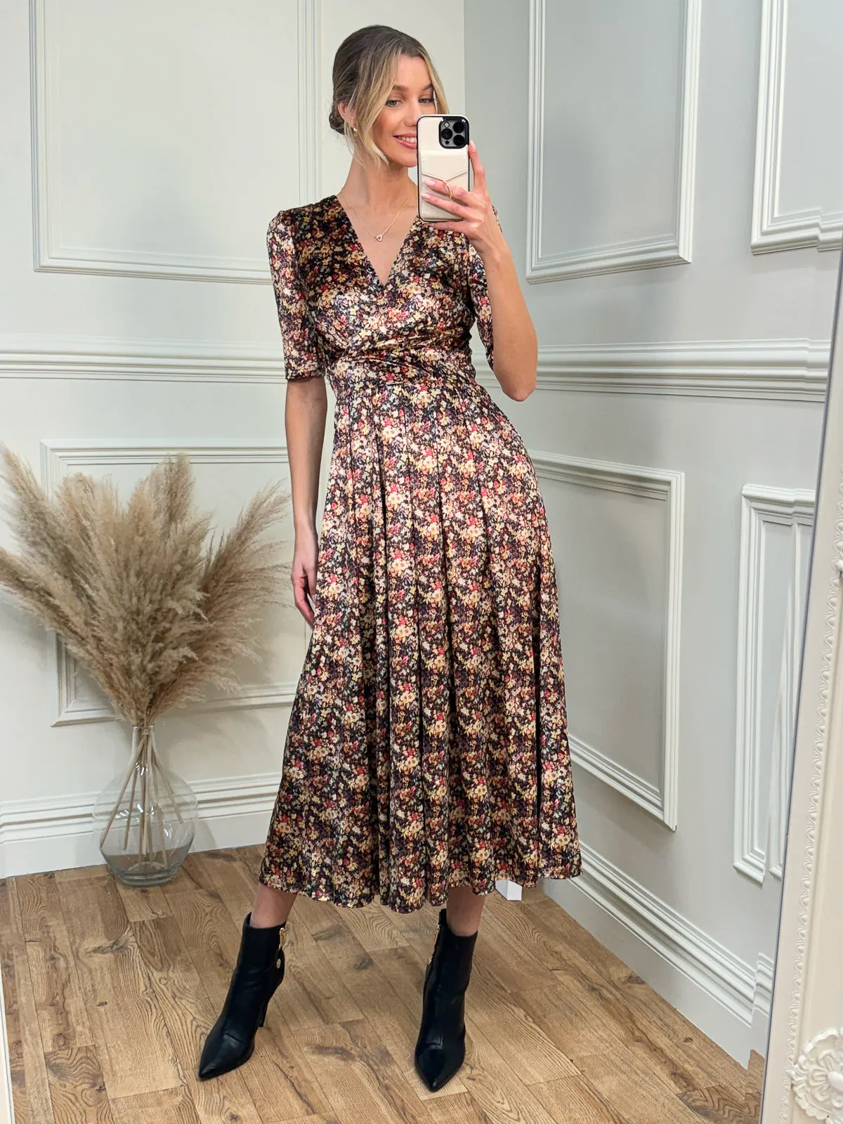 Floral Print Velvet Maxi Dress, Floral Abstract