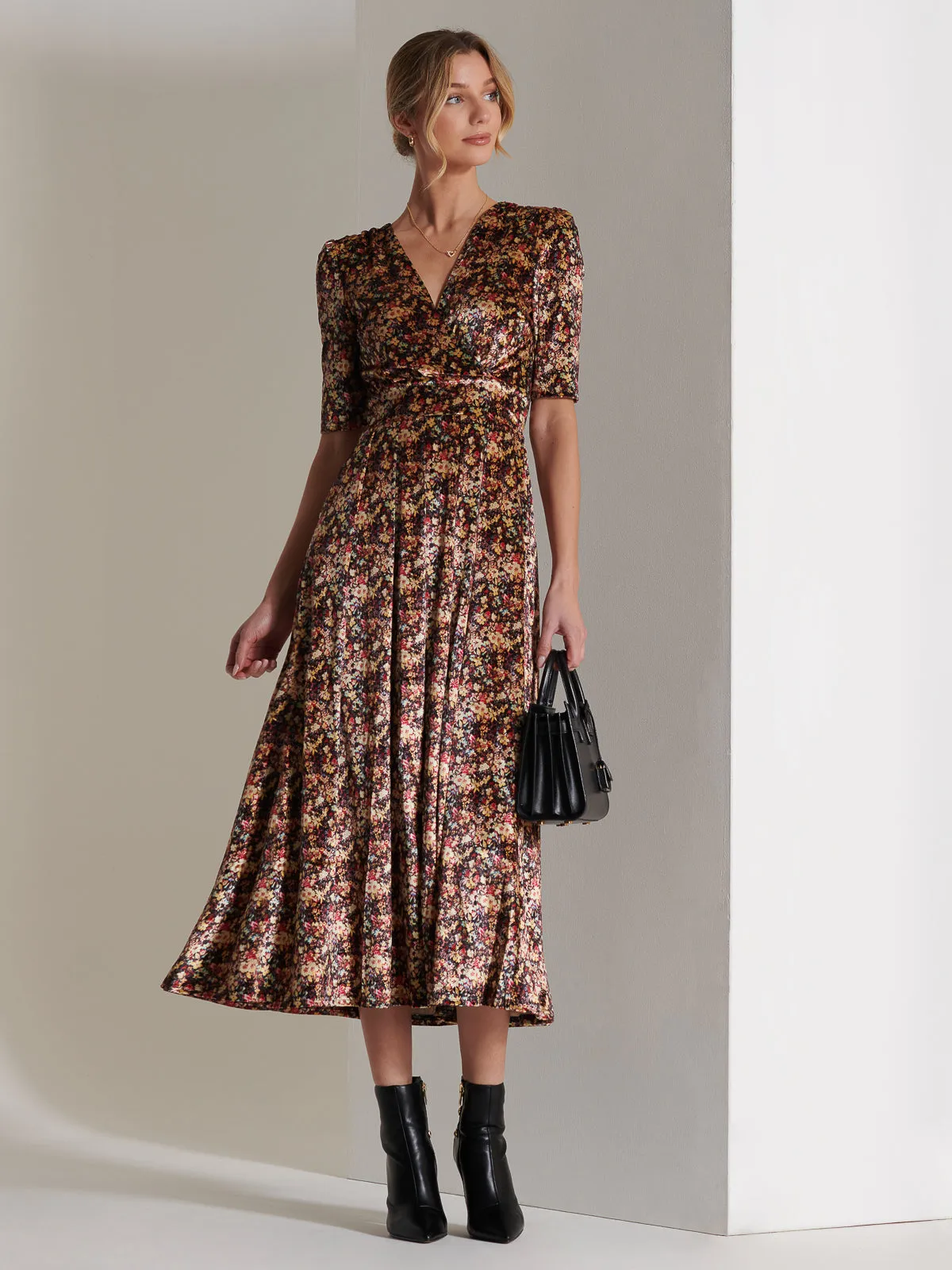 Floral Print Velvet Maxi Dress, Floral Abstract